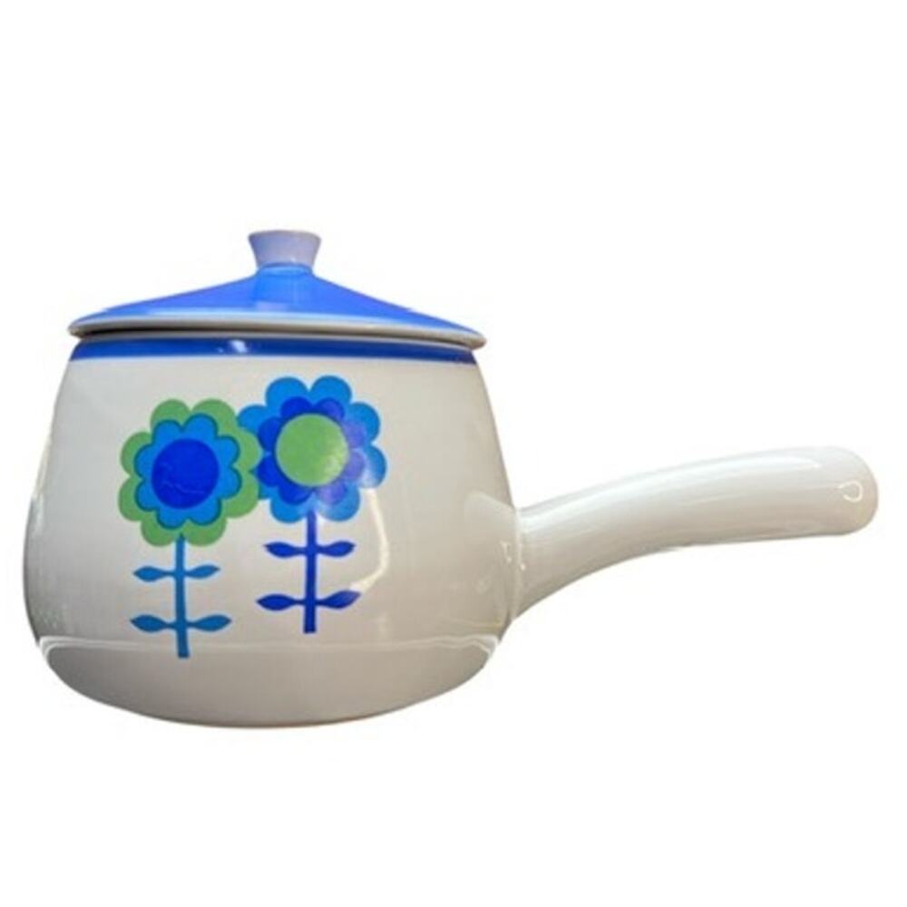 Vintage MCM Floral Decal Ceramic Sauce Pan Lid Blue White Green Cheery Mod Retro